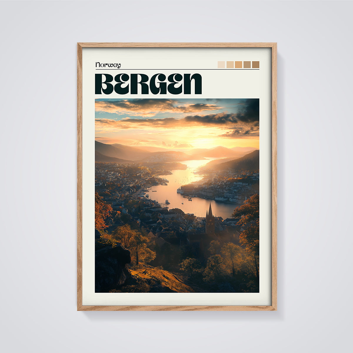 Bergen Fjord Sunset Print framed in oak on a grey background