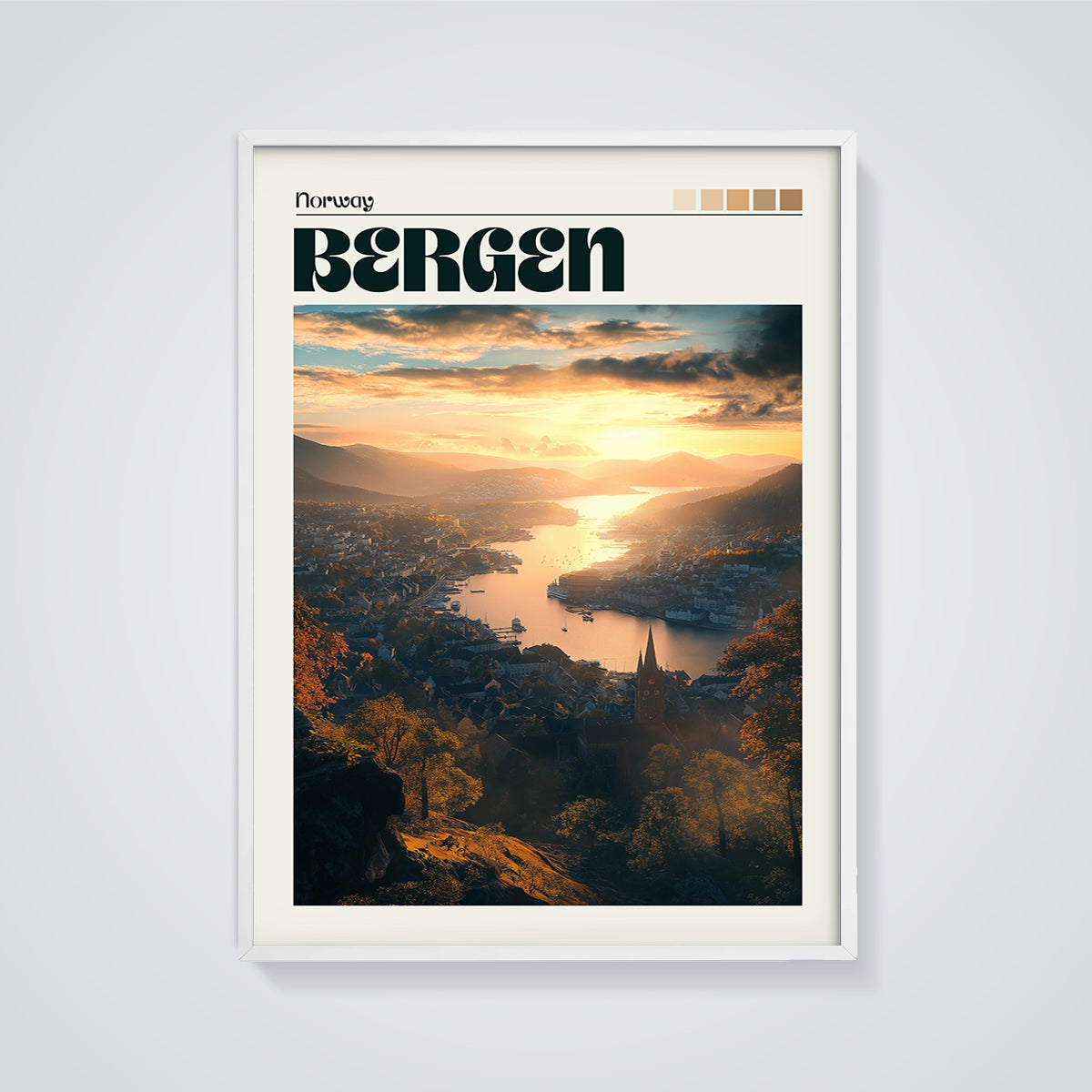 Bergen Fjord Sunset Print framed in white on a grey background