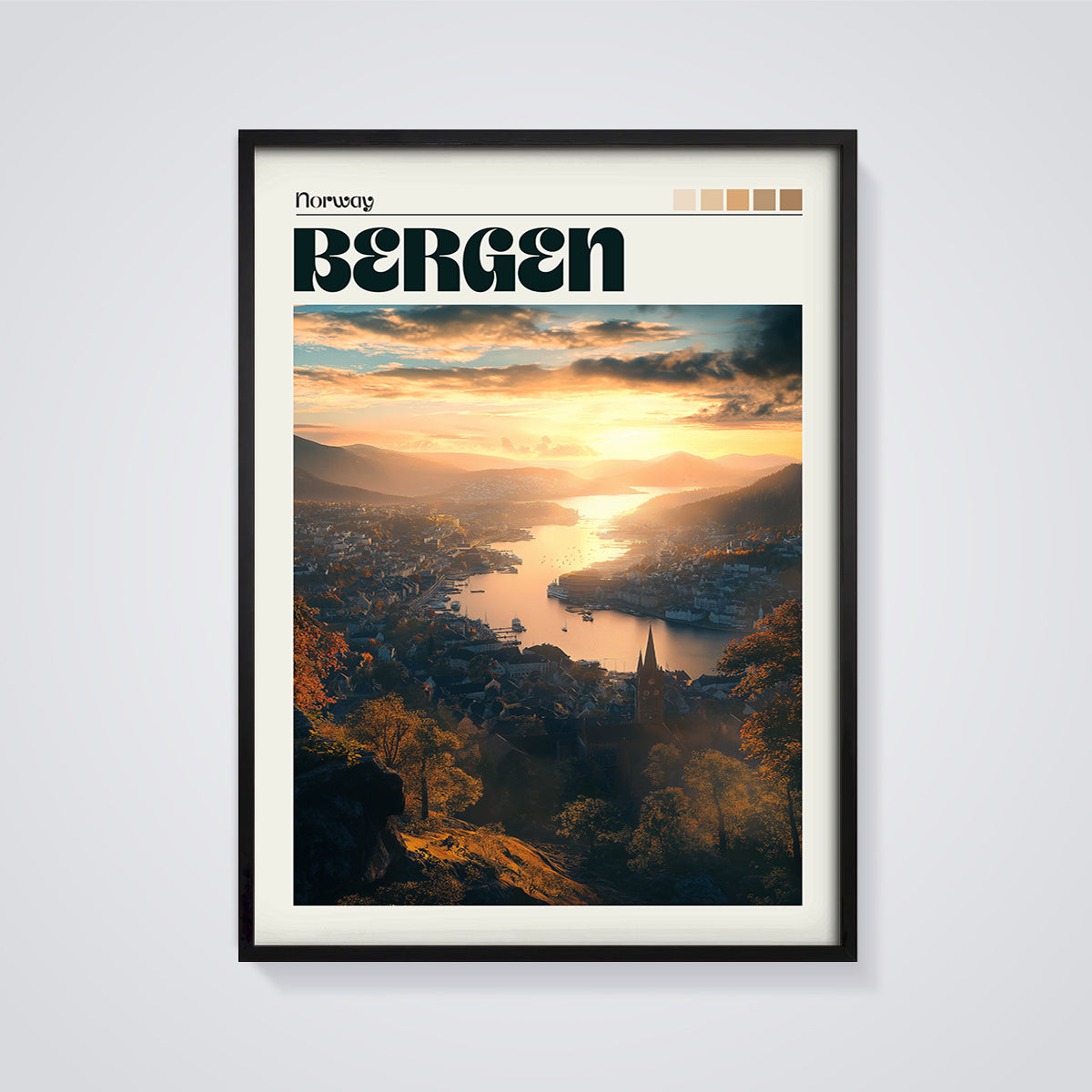 Bergen Fjord Sunset Print framed in black on a grey background