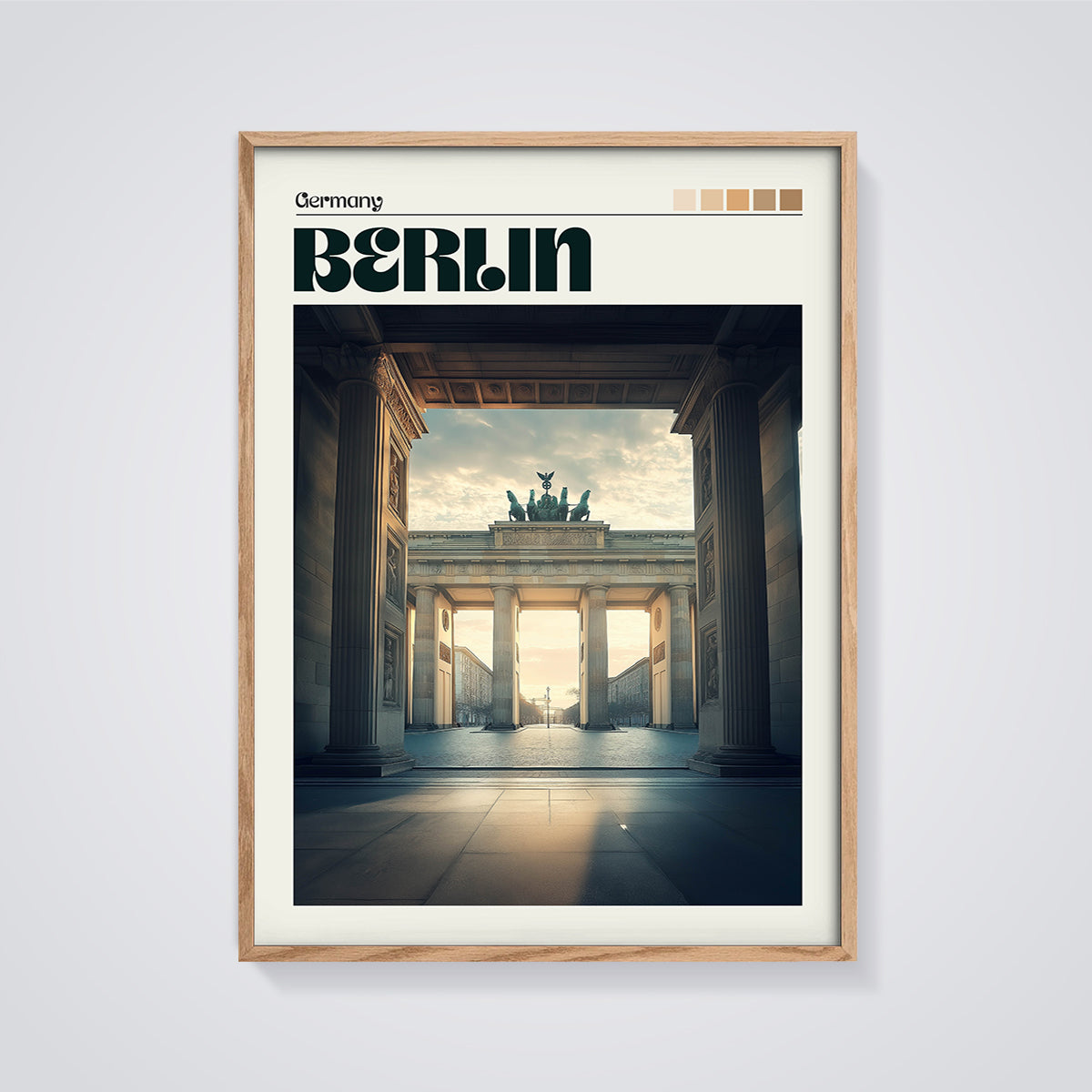 Berlin Brandenburg Gate Print framed in oak on a grey background