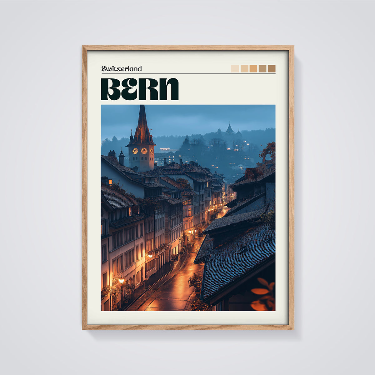Bern Old Town Night Print framed in oak on a grey background