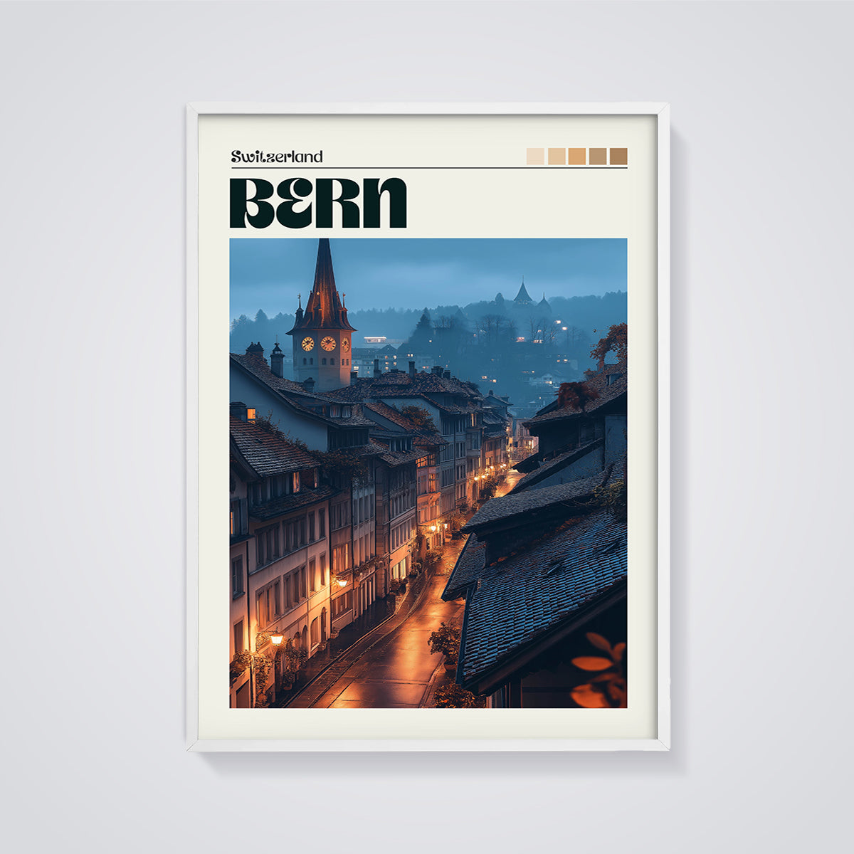 Bern Old Town Night Print framed in white on a grey background