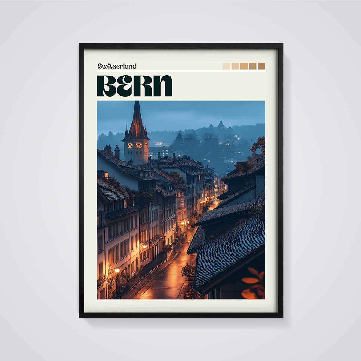 Bern Old Town Night Print framed in black on a grey background