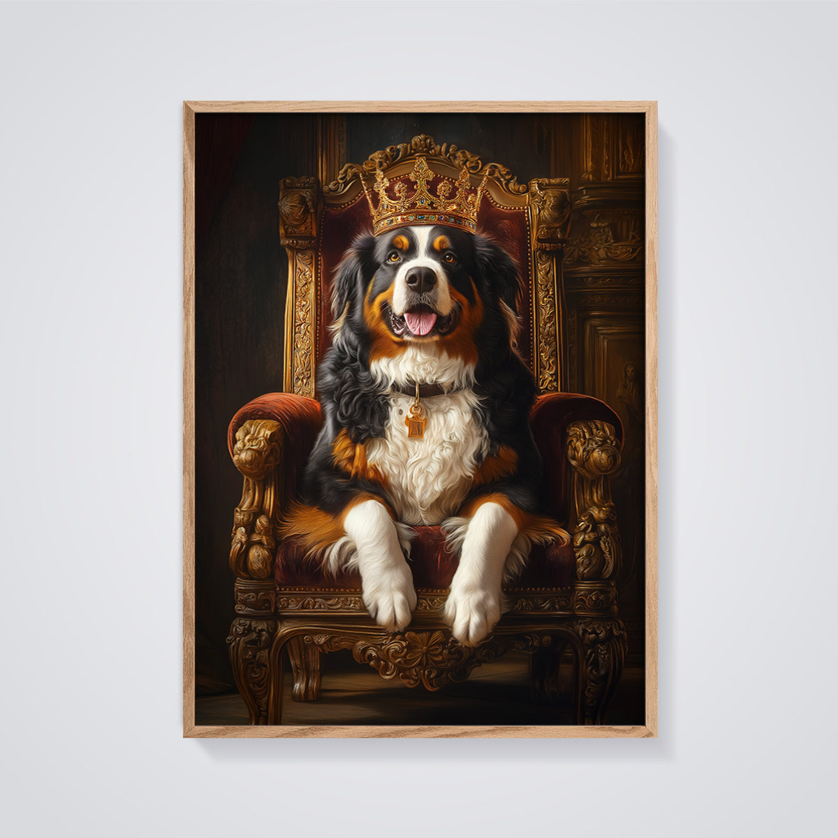 Bernese King Dog Throne Print framed in oak on a grey background