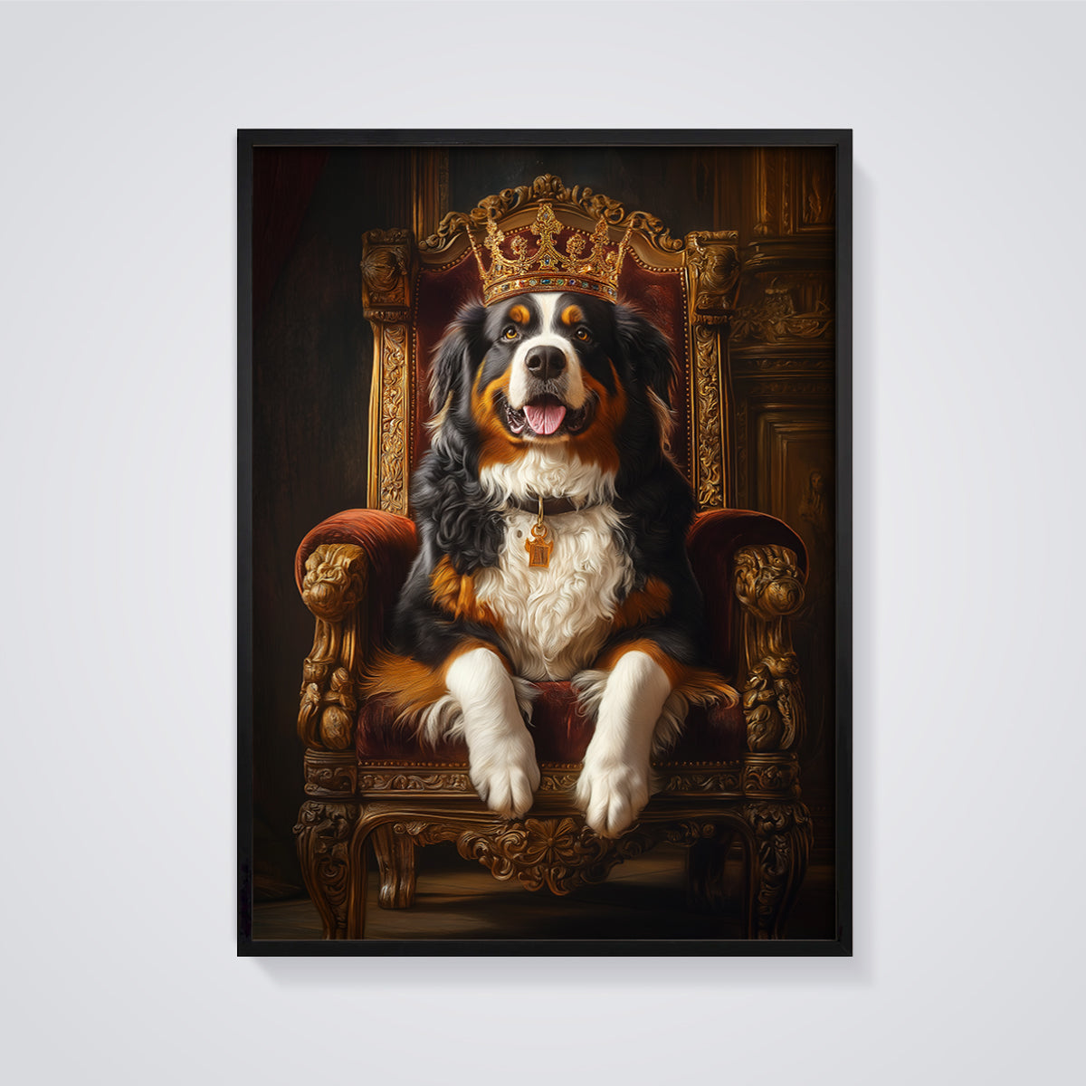 Bernese King Dog Throne Print framed in black on a grey background