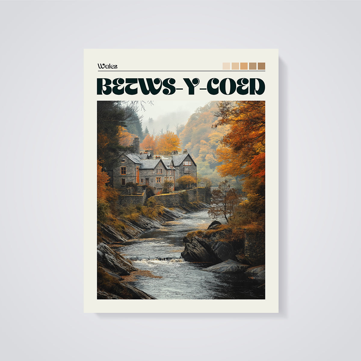 Betws-y-Coed Autumn River House Print unframed on a grey background