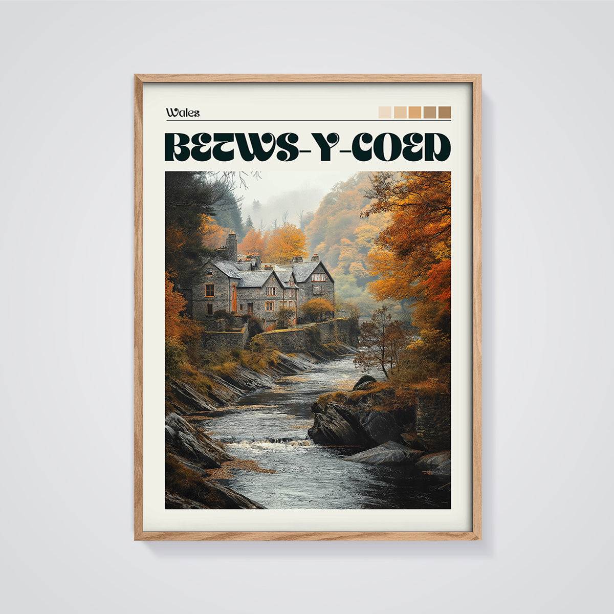 Betws-y-Coed Autumn River House Print framed in oak on a grey background