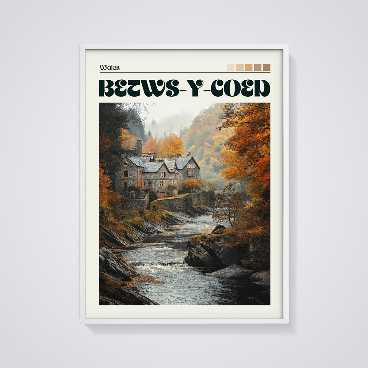 Betws-y-Coed Autumn River House Print framed in white on a grey background