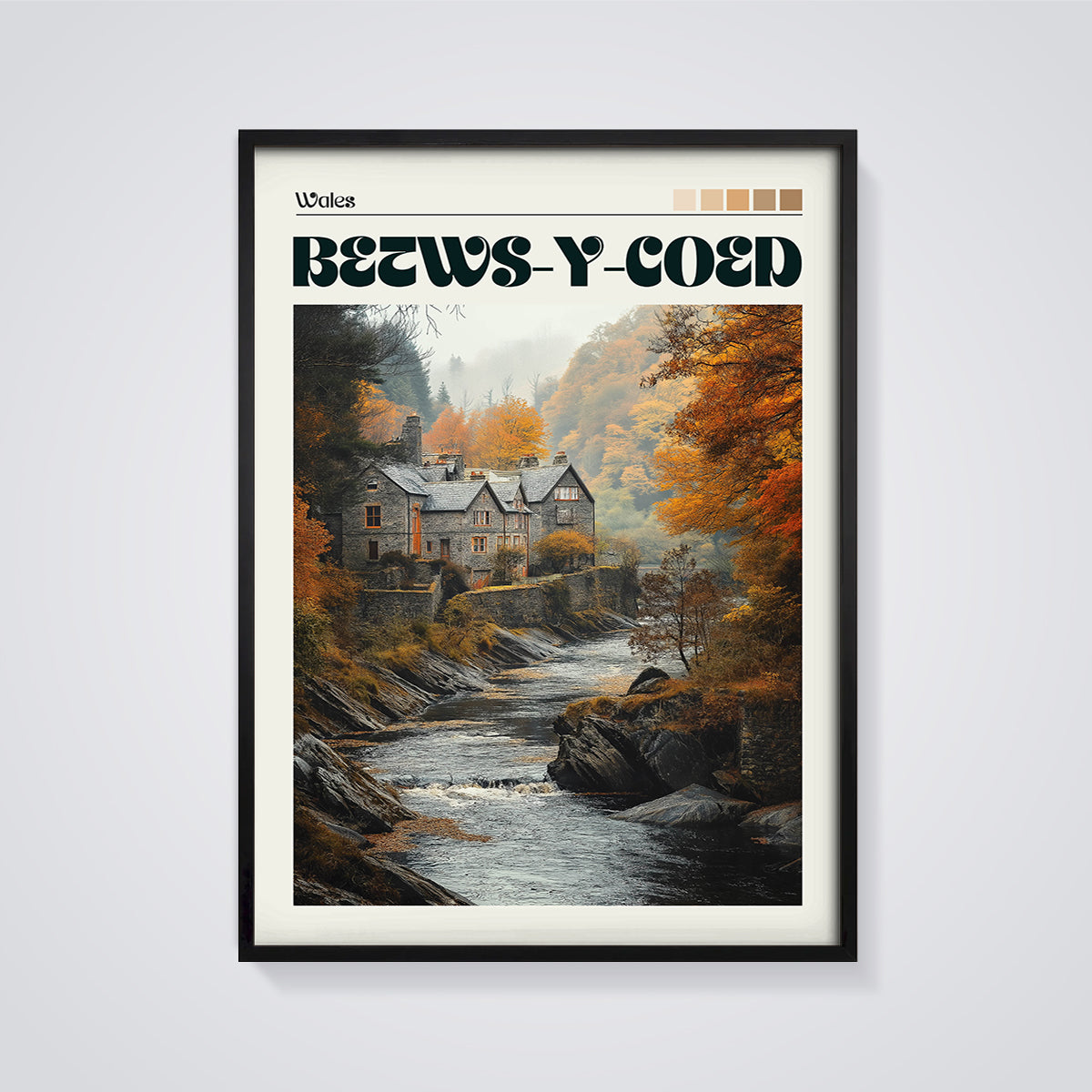 Betws-y-Coed Autumn River House Print framed in black on a grey background
