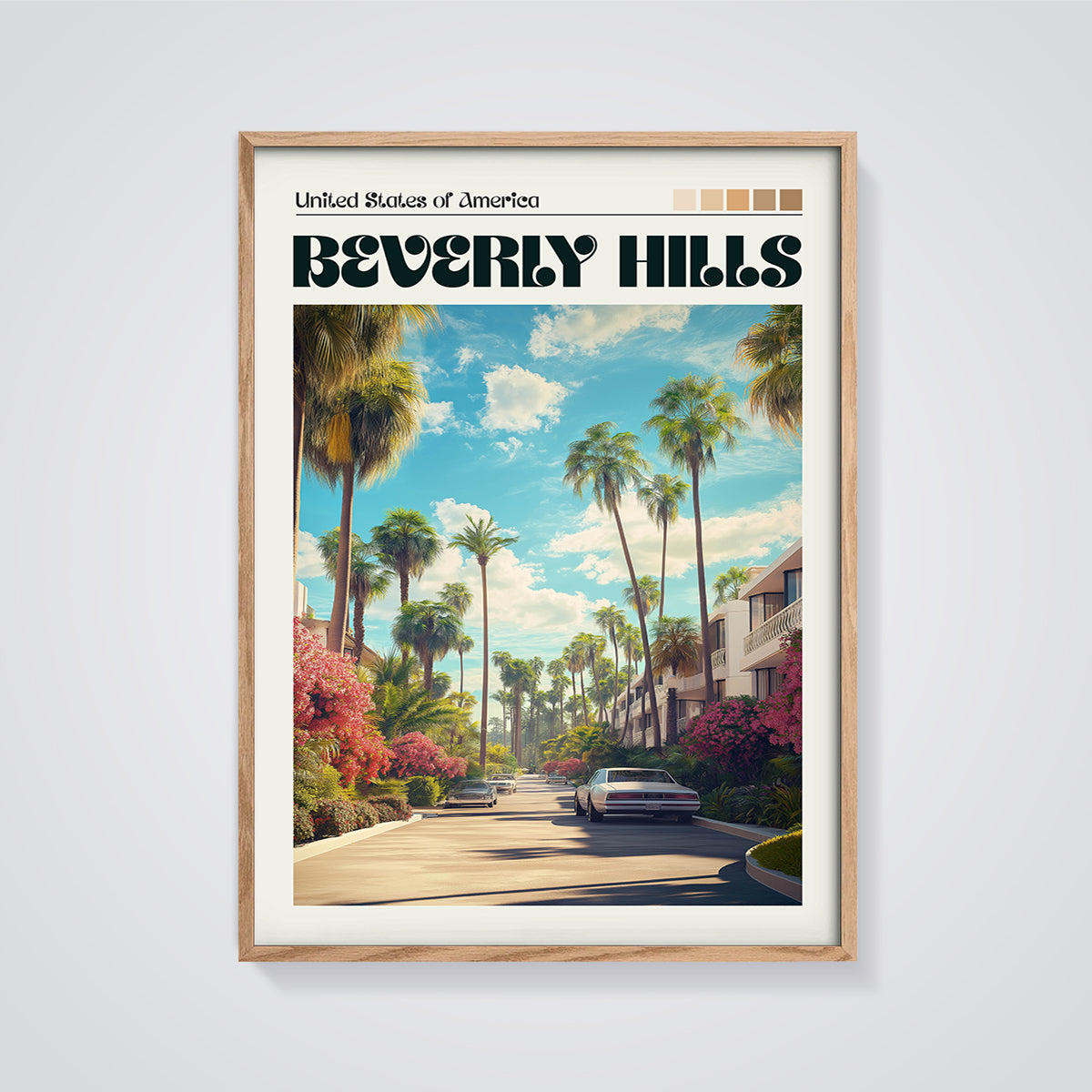 Beverly Hills Palm Tree Road Print framed in oak on a grey background