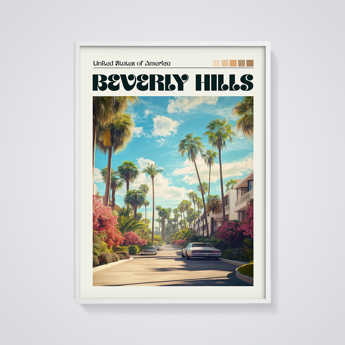 Beverly Hills Palm Tree Road Print framed in white on a grey background