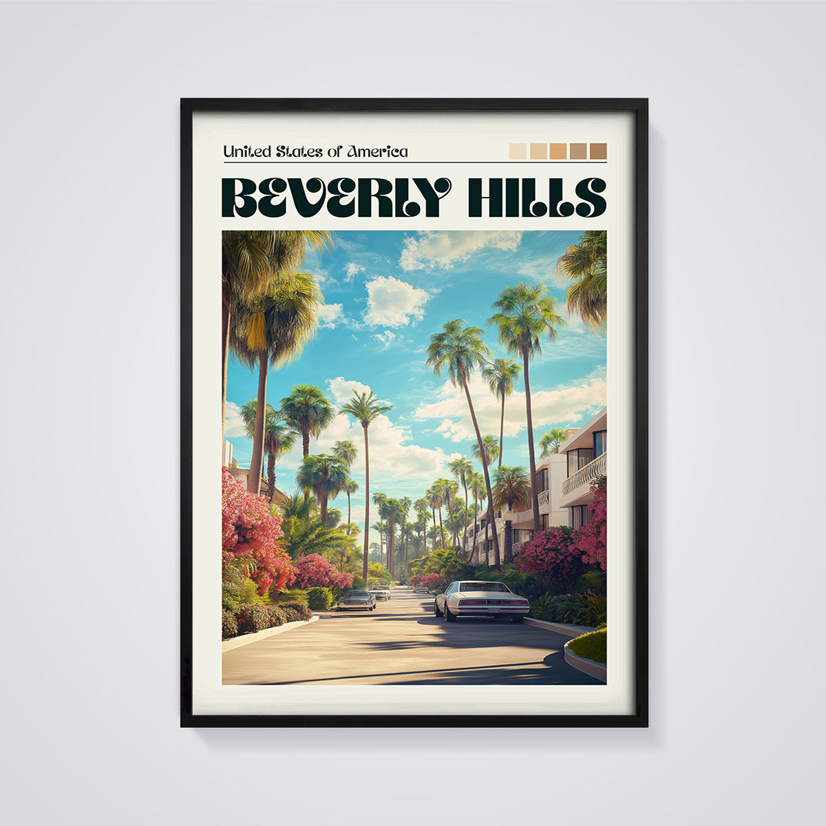 Beverly Hills Palm Tree Road Print framed in black on a grey background