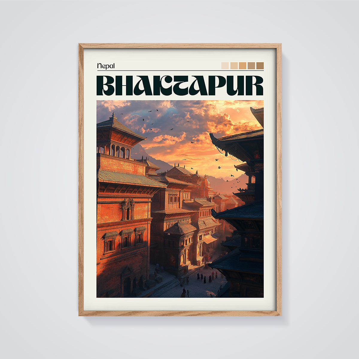 Bhaktapur Nepal Cityscape Print framed in oak on a grey background
