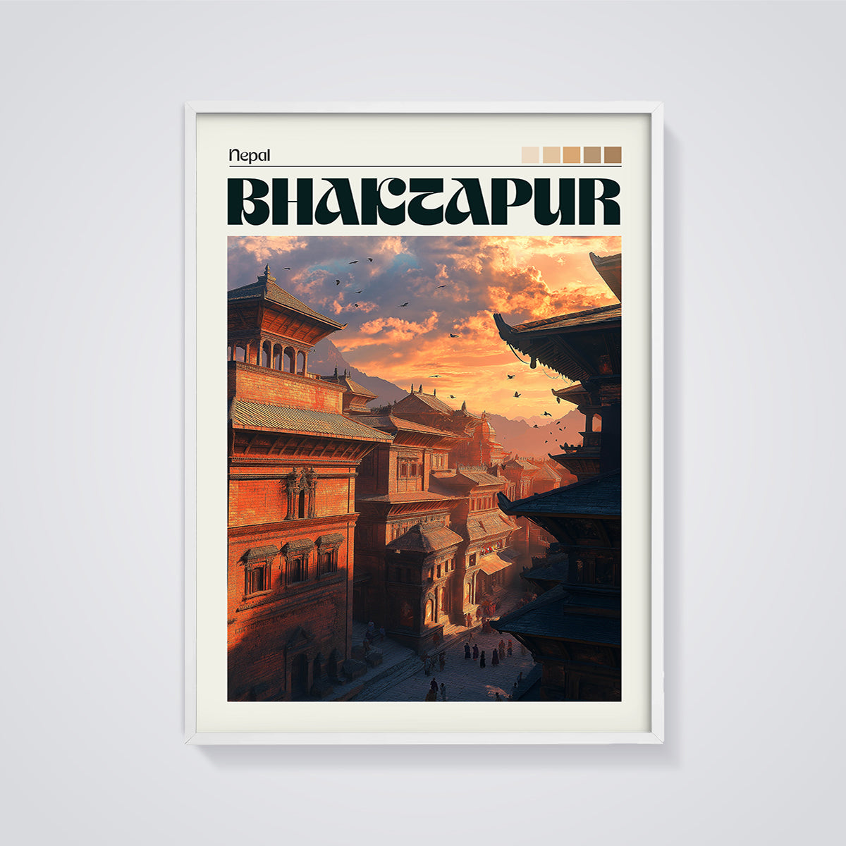 Bhaktapur Nepal Cityscape Print framed in white on a grey background