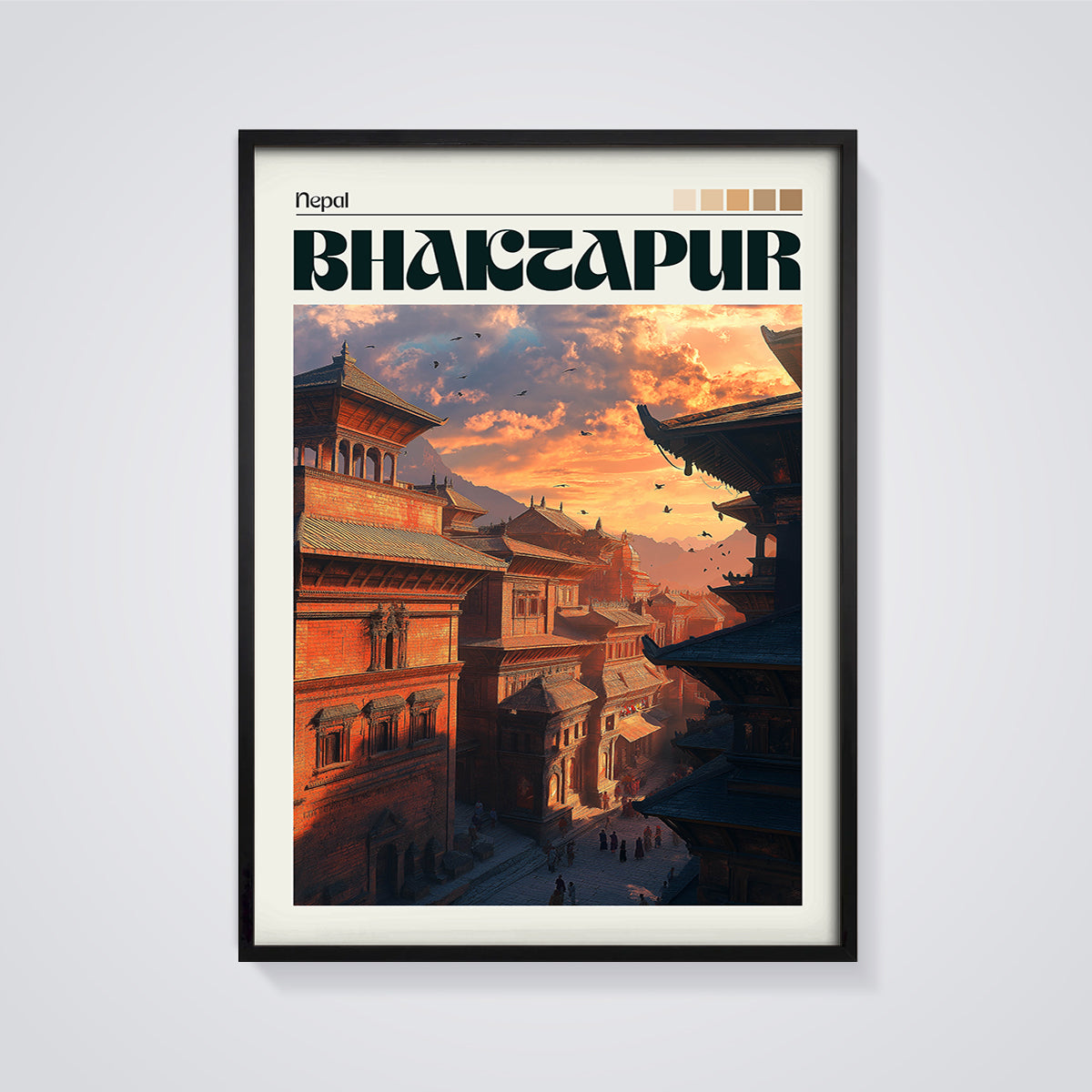 Bhaktapur Nepal Cityscape Print framed in black on a grey background