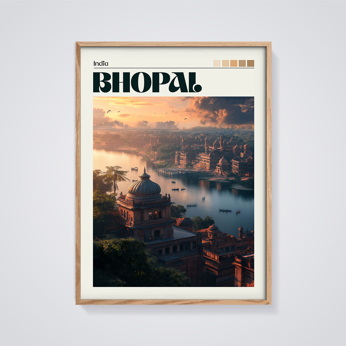 Bhopal Cityscape Print framed in oak on a grey background