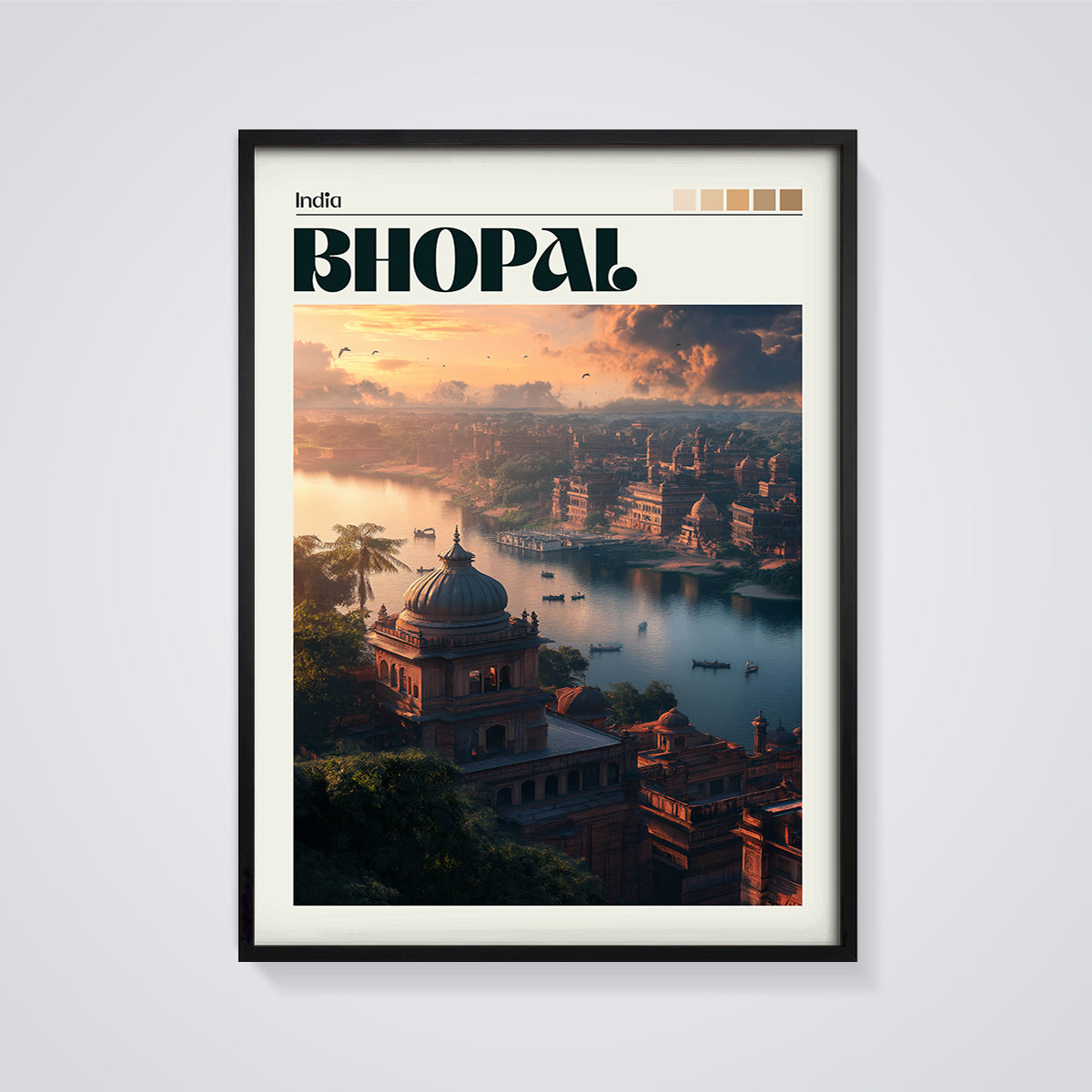 Bhopal Cityscape Print framed in black on a grey background