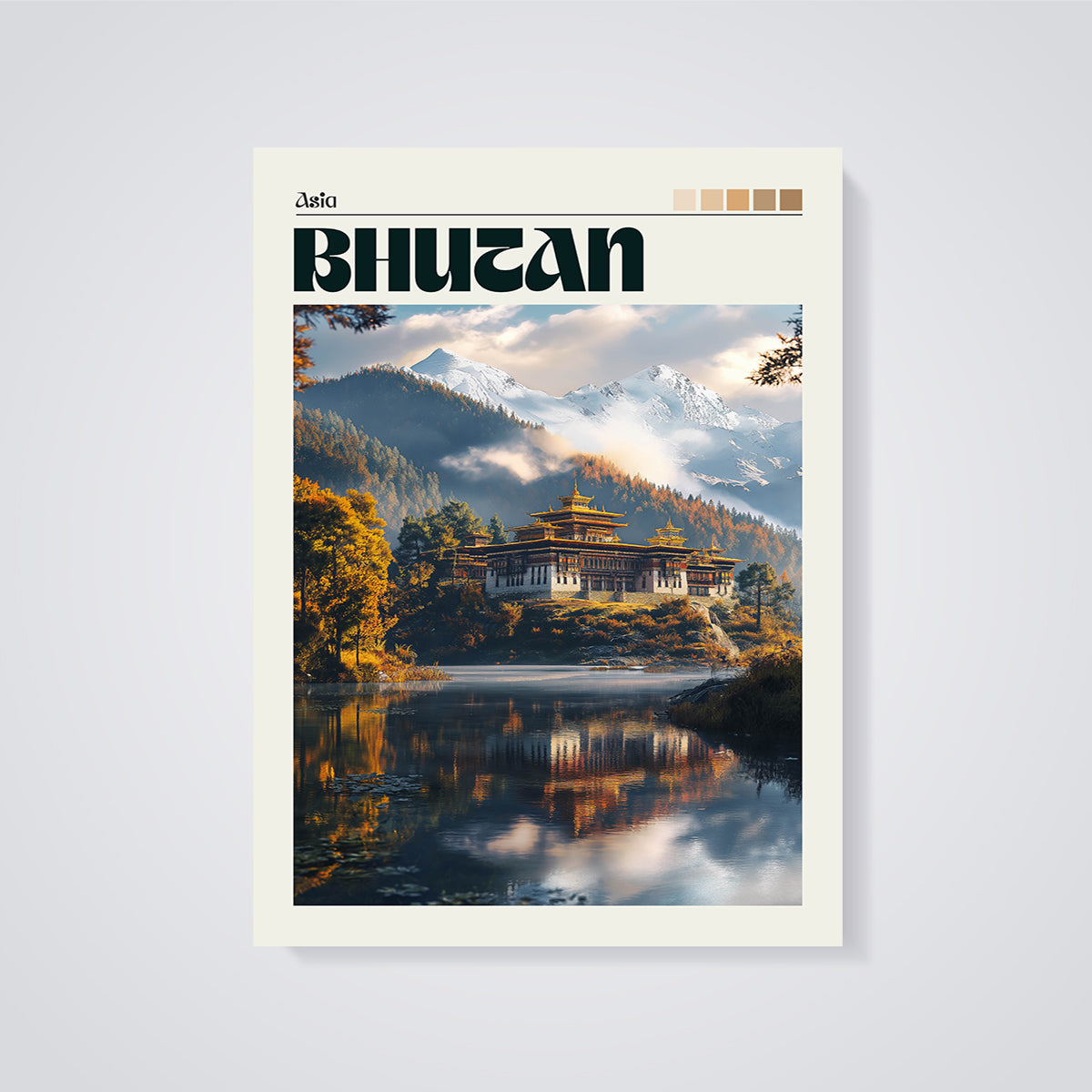 Bhutan Dzong Lake Print unframed on a grey background