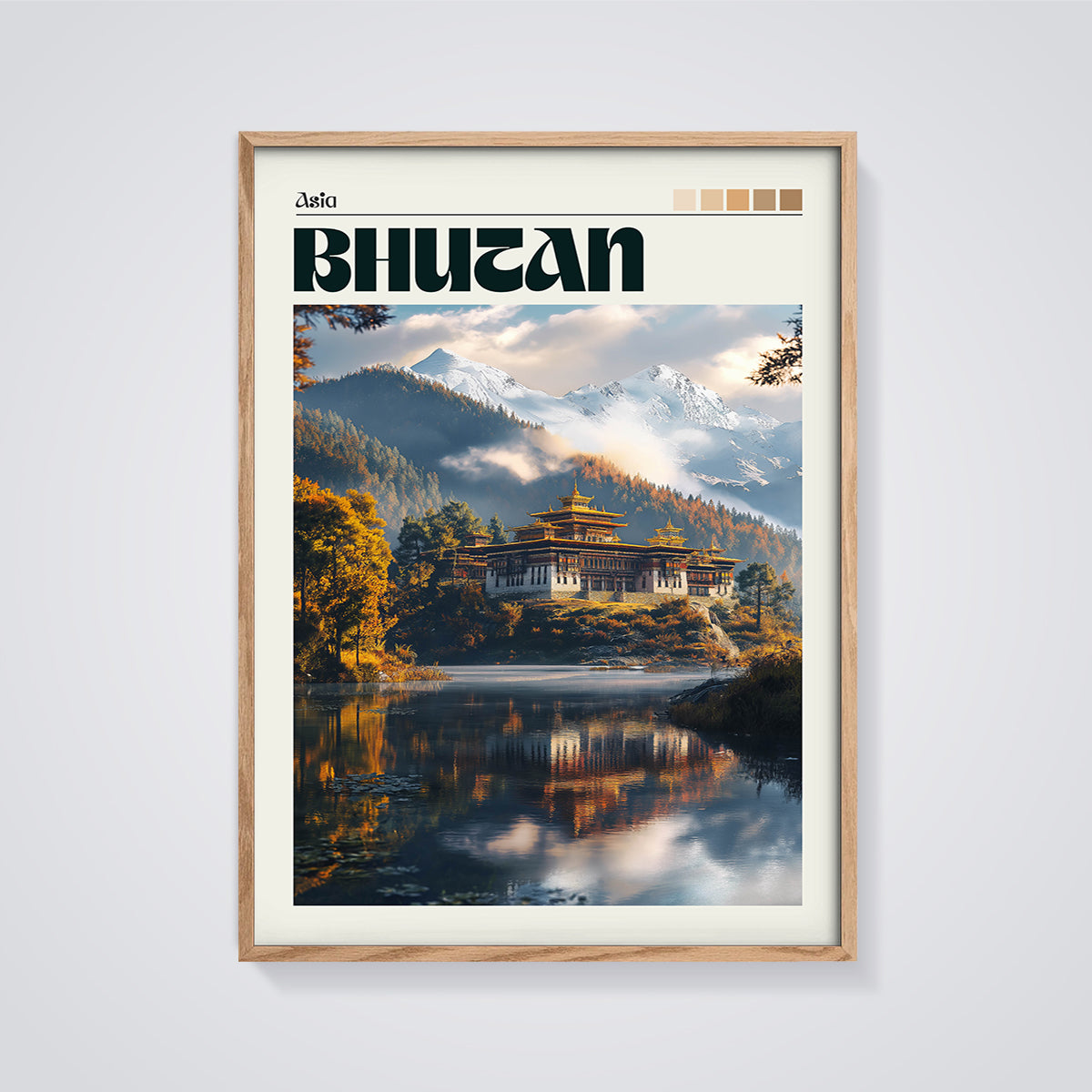 Bhutan Dzong Lake Print framed in oak on a grey background