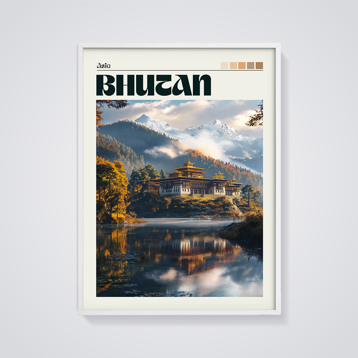 Bhutan Dzong Lake Print framed in white on a grey background