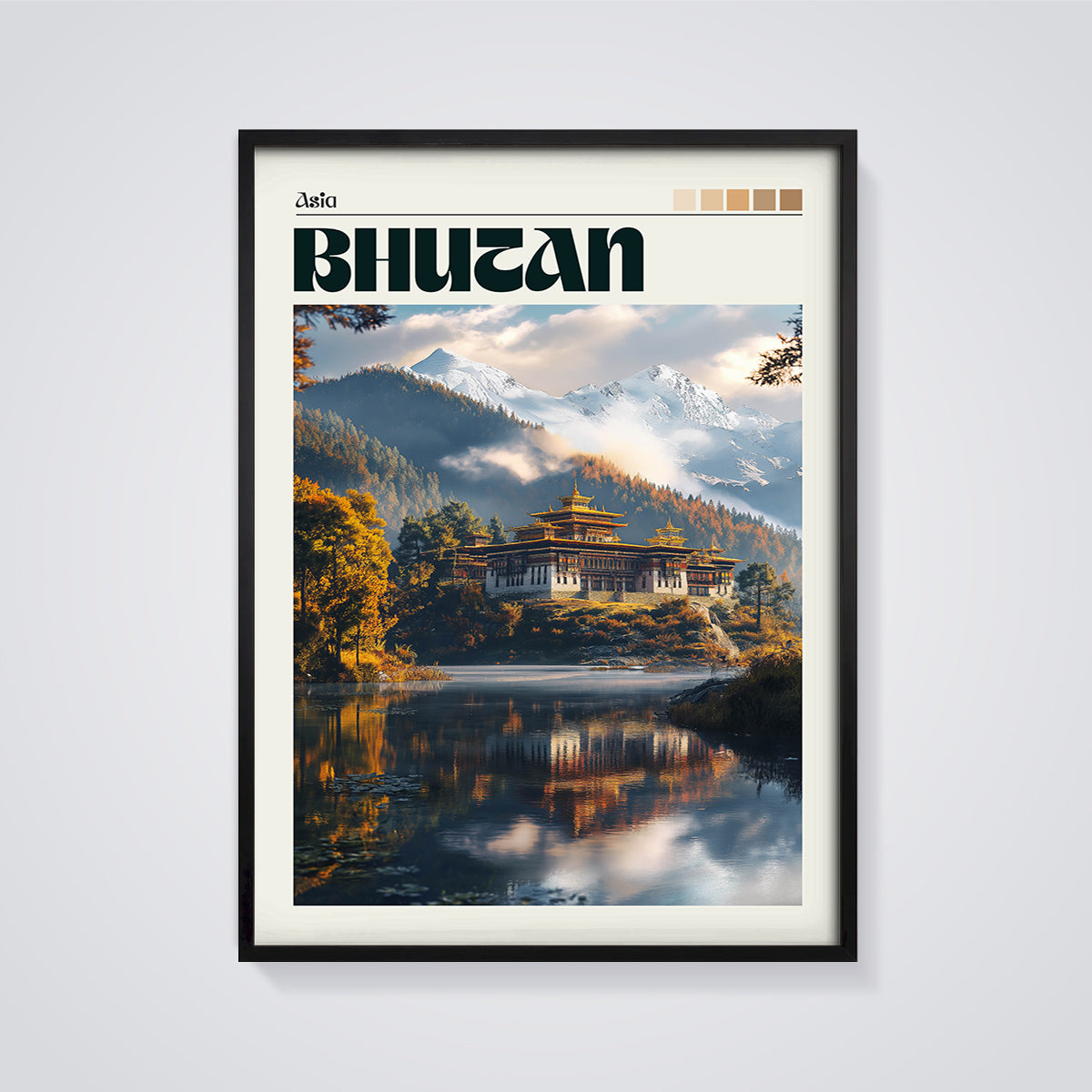Bhutan Dzong Lake Print framed in black on a grey background