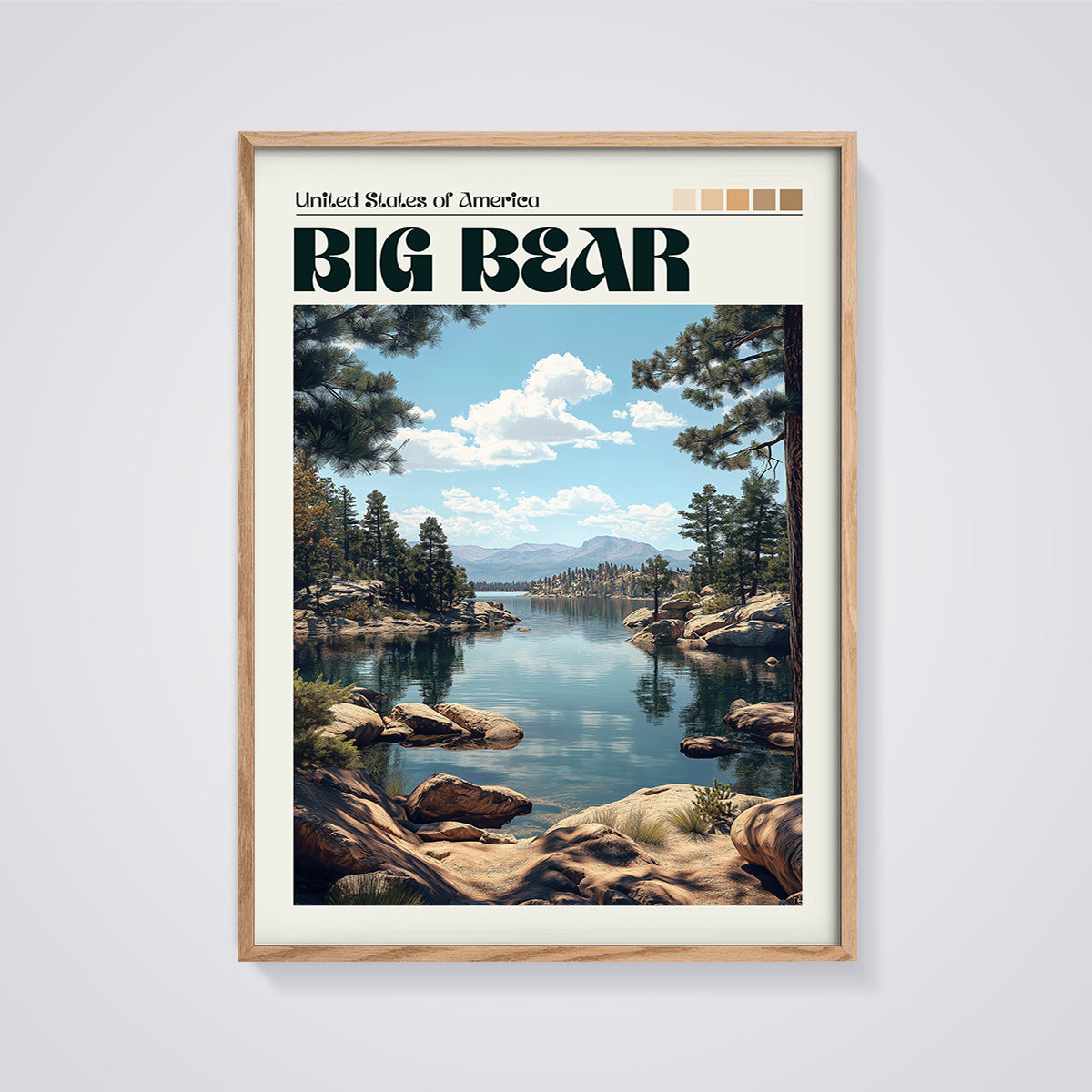 Big Bear Lake Print framed in oak on a grey background