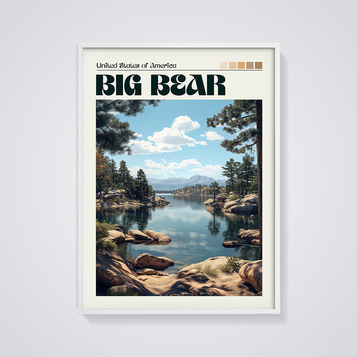 Big Bear Lake Print framed in white on a grey background