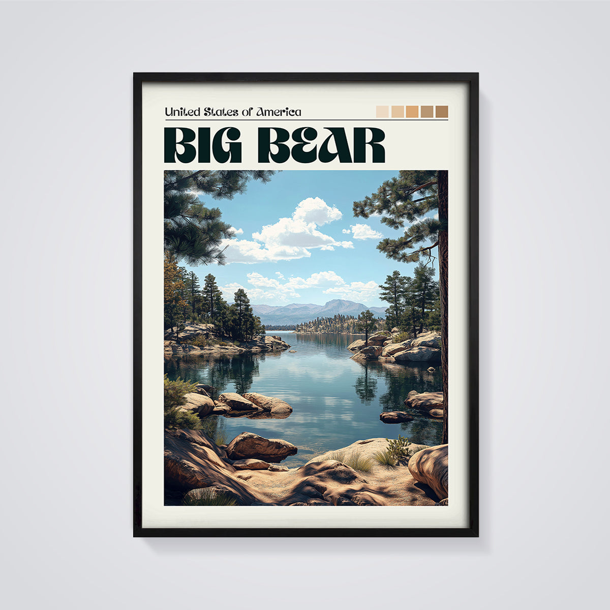Big Bear Lake Print framed in black on a grey background