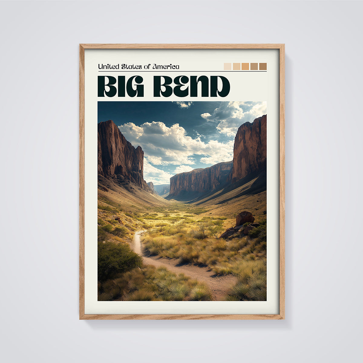 Big Bend National Park Landscape Print framed in oak on a grey background