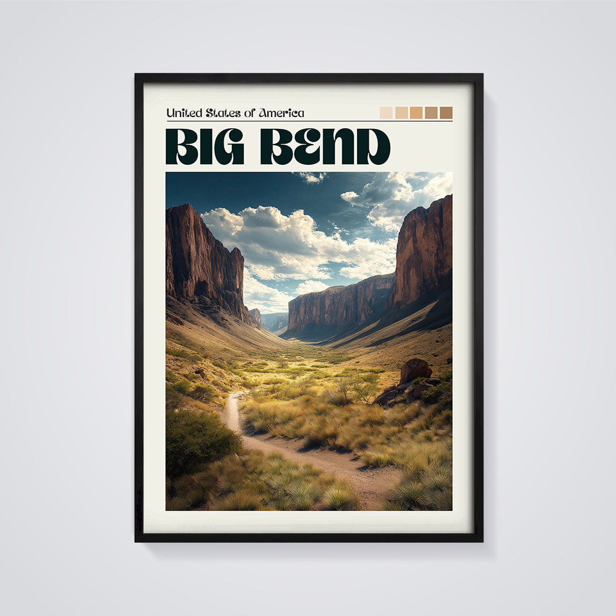 Big Bend National Park Landscape Print framed in black on a grey background