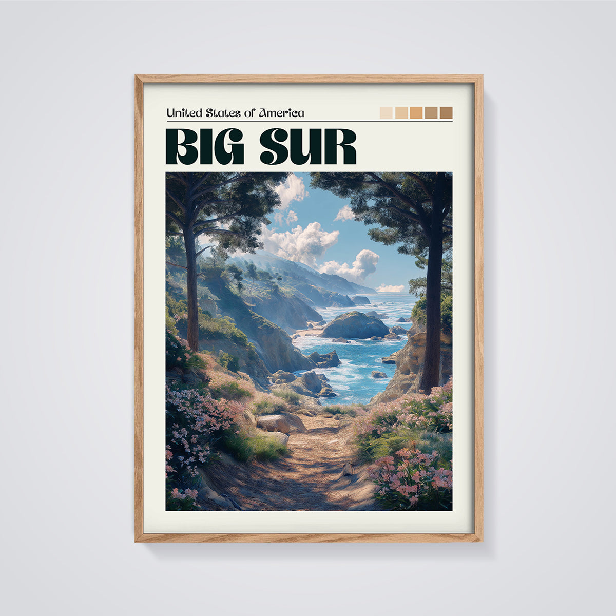 Big Sur Coastal View Print framed in oak on a grey background