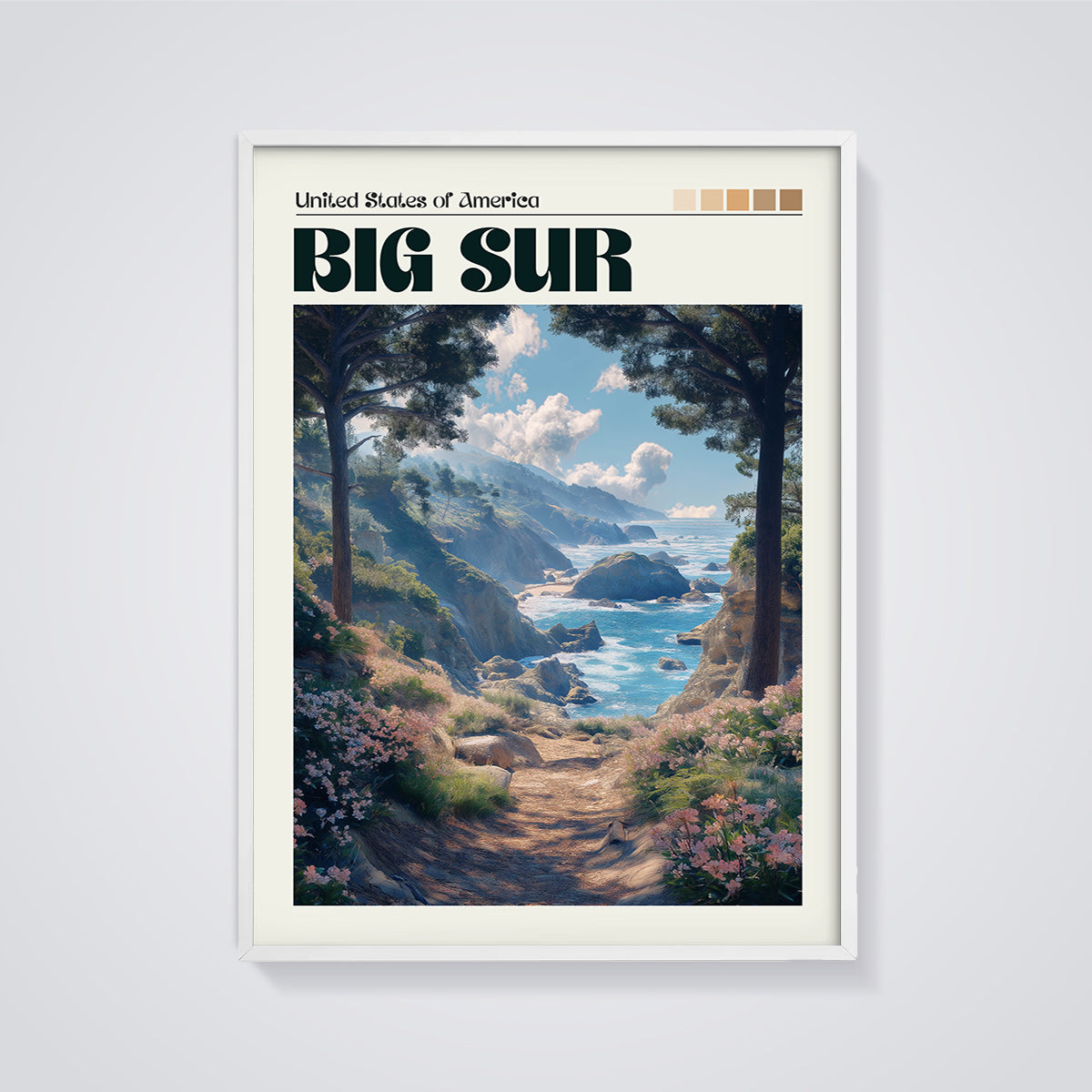 Big Sur Coastal View Print framed in white on a grey background