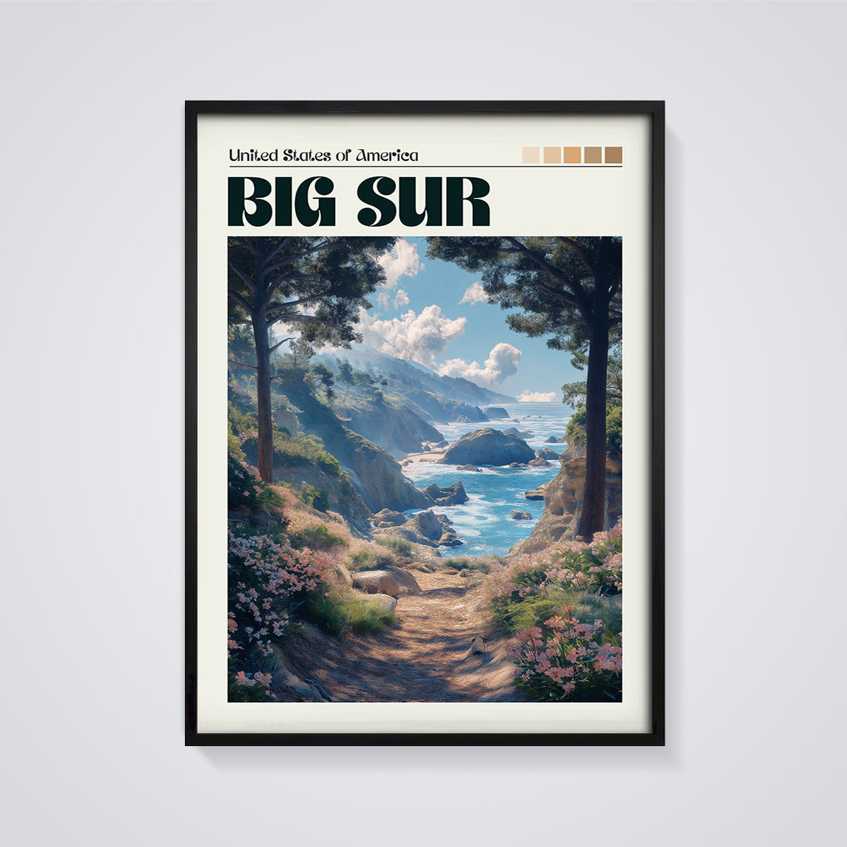 Big Sur Coastal View Print framed in black on a grey background