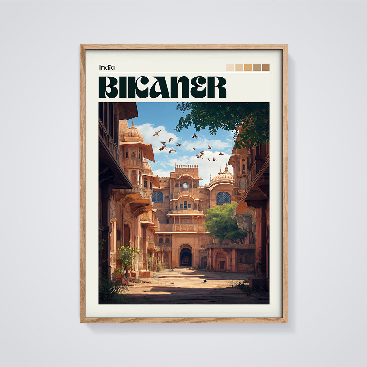 Bikaner Cityscape Print framed in oak on a grey background