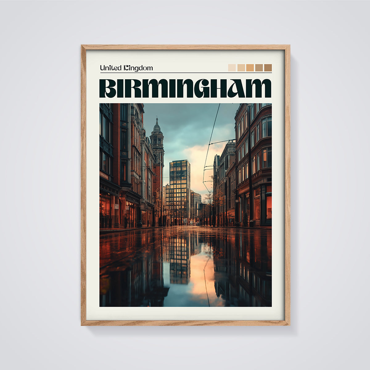Birmingham Urban Reflection Print framed in oak on a grey background