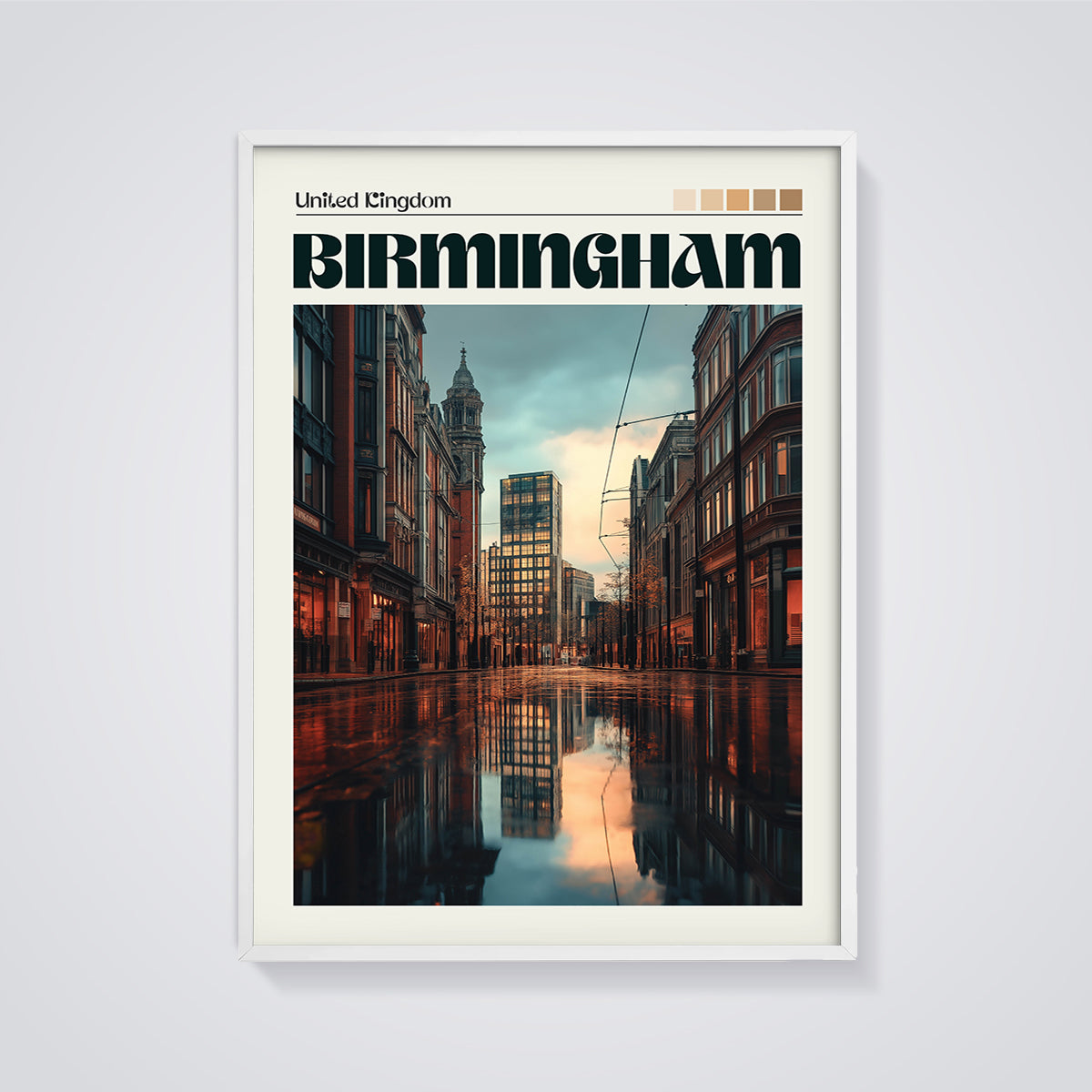 Birmingham Urban Reflection Print framed in white on a grey background