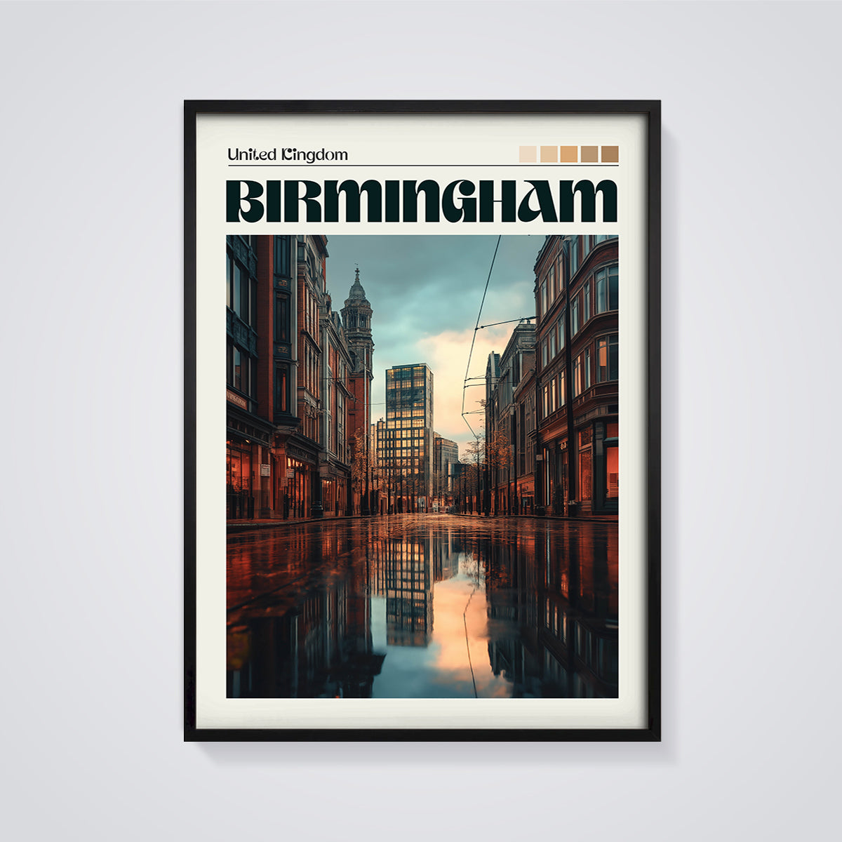 Birmingham Urban Reflection Print framed in black on a grey background