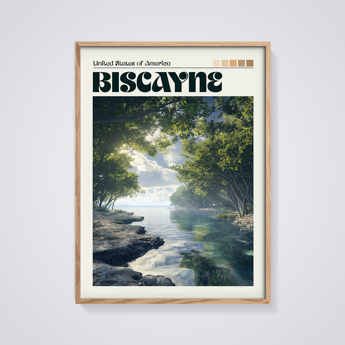 Biscayne Bay Shoreline Print framed in oak on a grey background