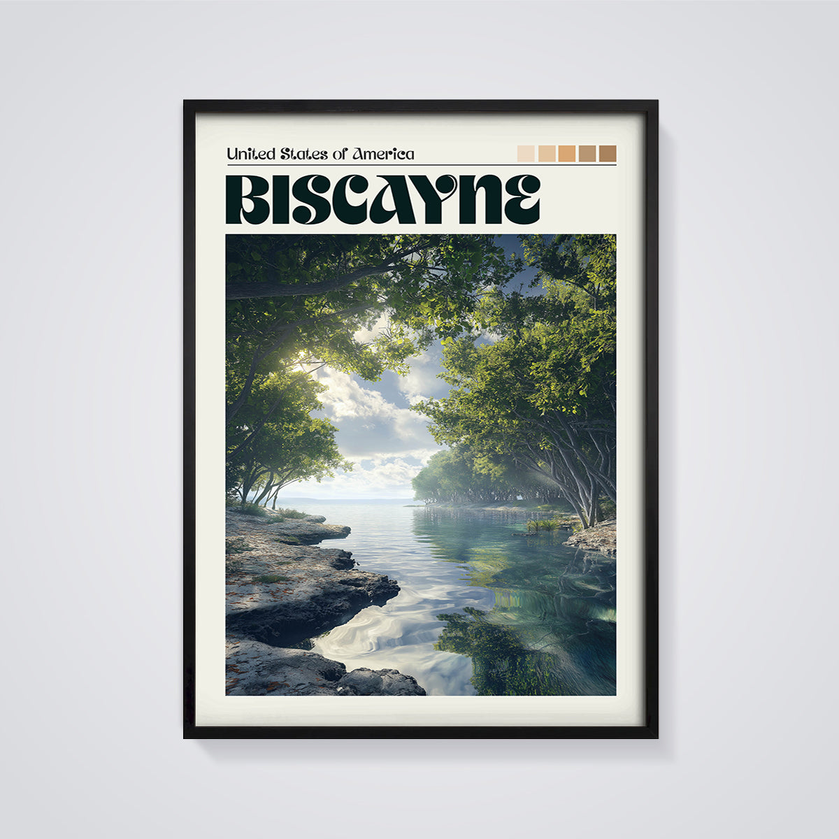 Biscayne Bay Shoreline Print framed in black on a grey background