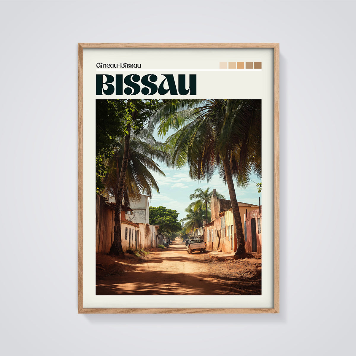 Bissau Street Print framed in oak on a grey background