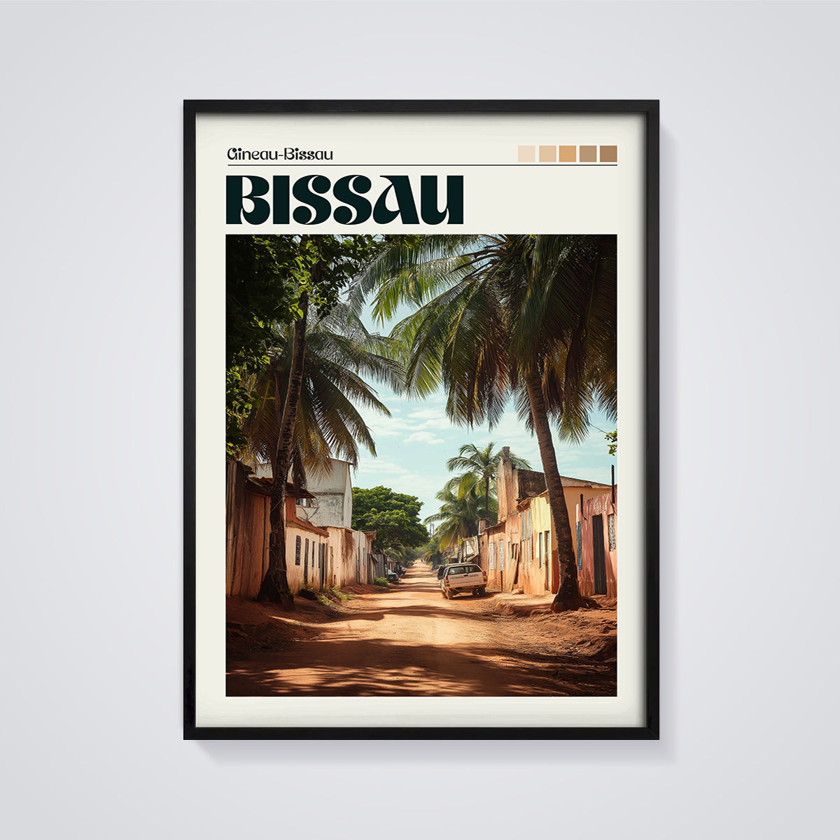 Bissau Street Print framed in black on a grey background