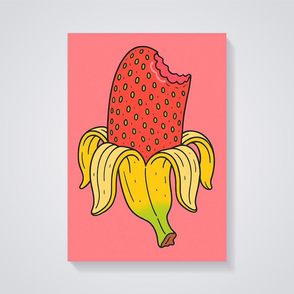 Bitten Strawberry Banana Hybrid Print unframed on a grey background