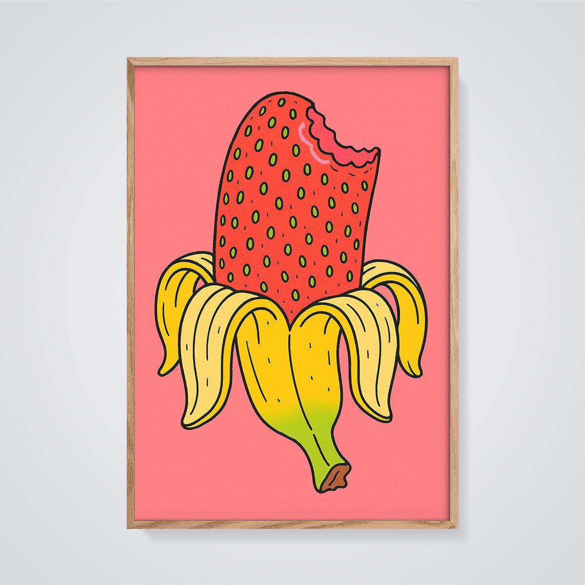 Bitten Strawberry Banana Hybrid Print framed in oak on a grey background