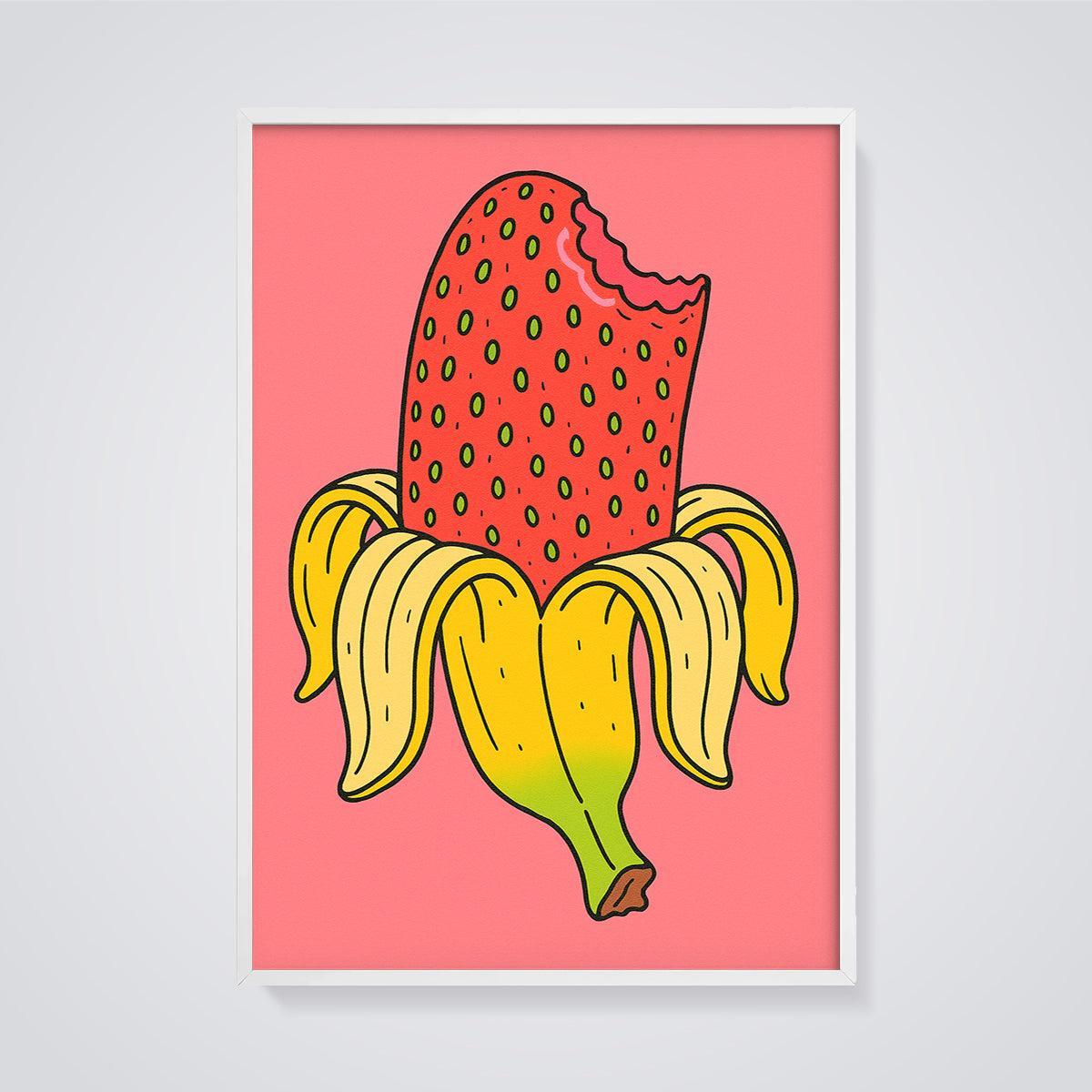 Bitten Strawberry Banana Hybrid Print framed in white on a grey background