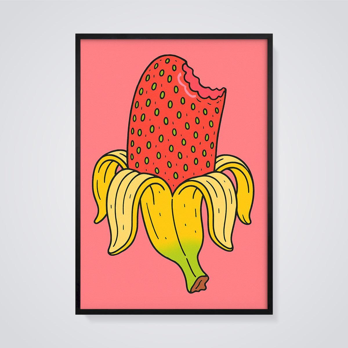 Bitten Strawberry Banana Hybrid Print framed in black on a grey background