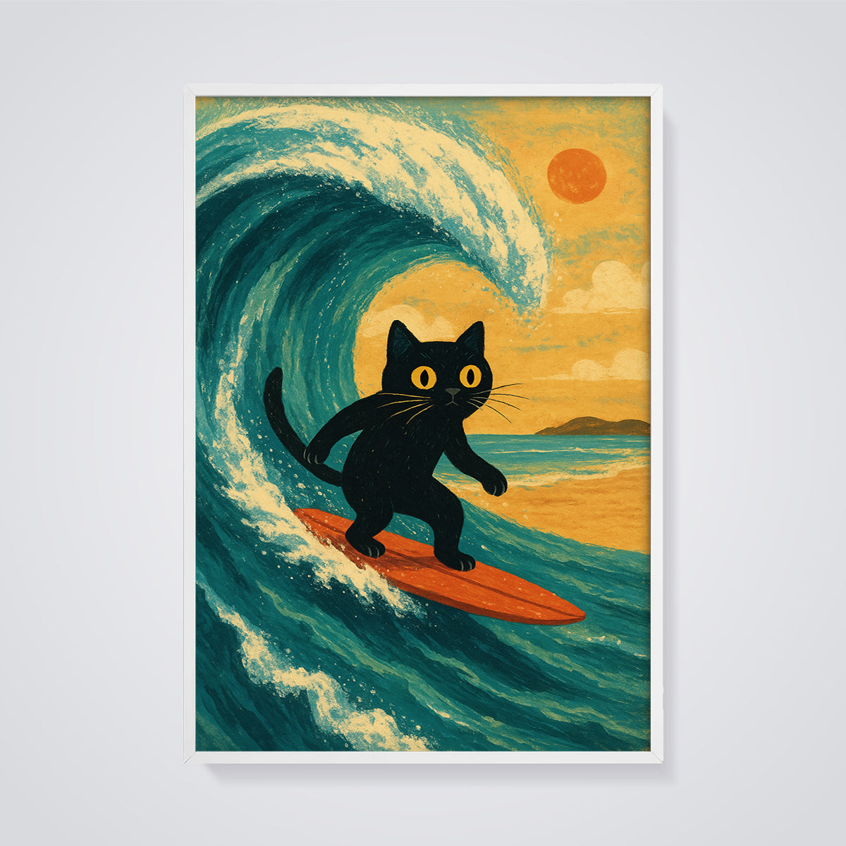 Black Cat Surf Print framed in white on a grey background