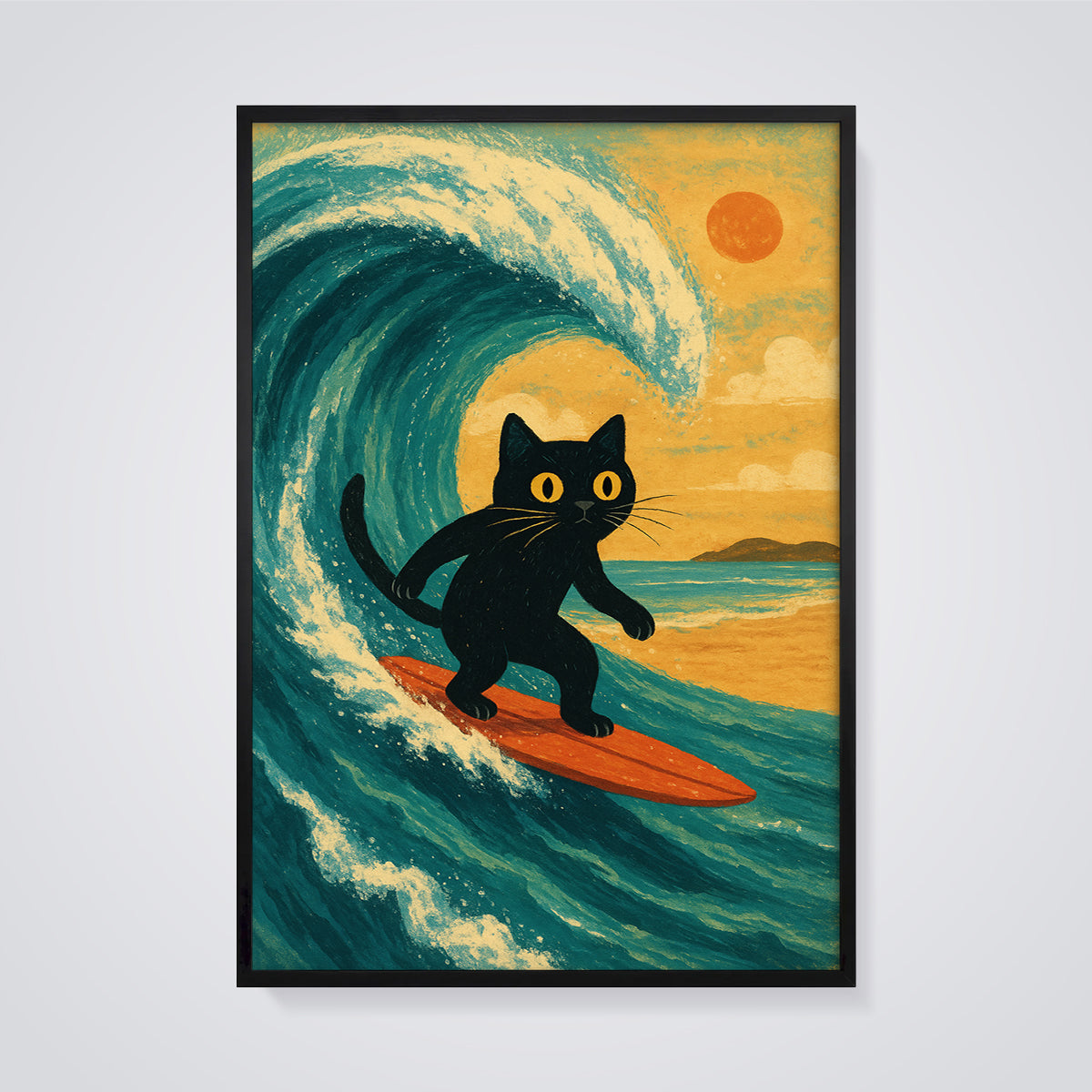 Black Cat Surf Print framed in black on a grey background