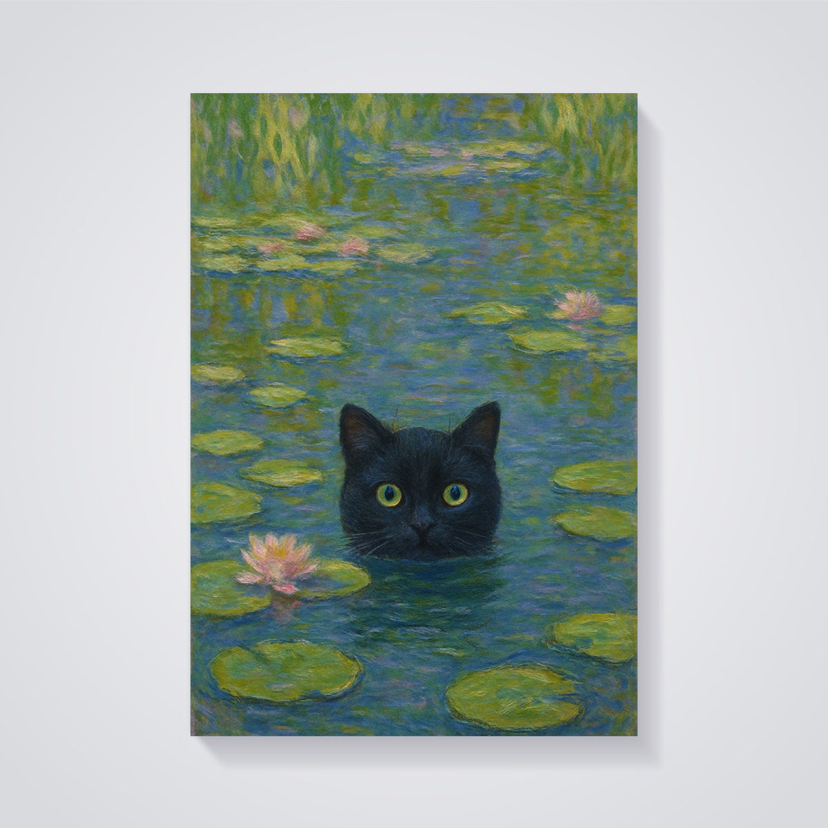 Black Cat Water Lilies Print unframed on a grey background