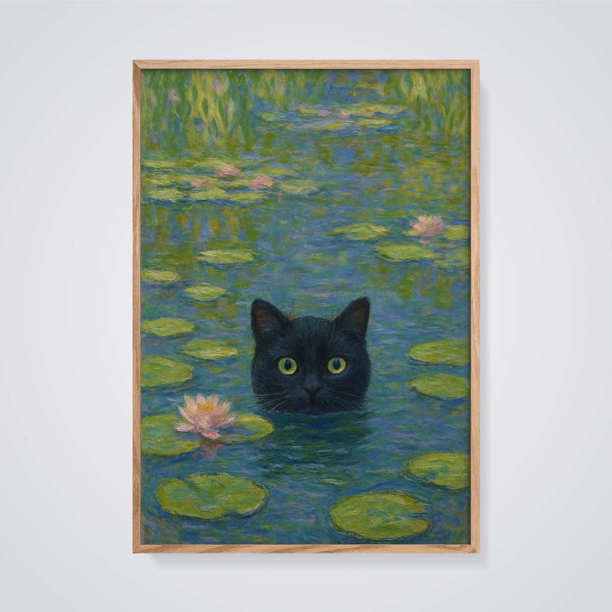 Black Cat Water Lilies Print framed in oak on a grey background