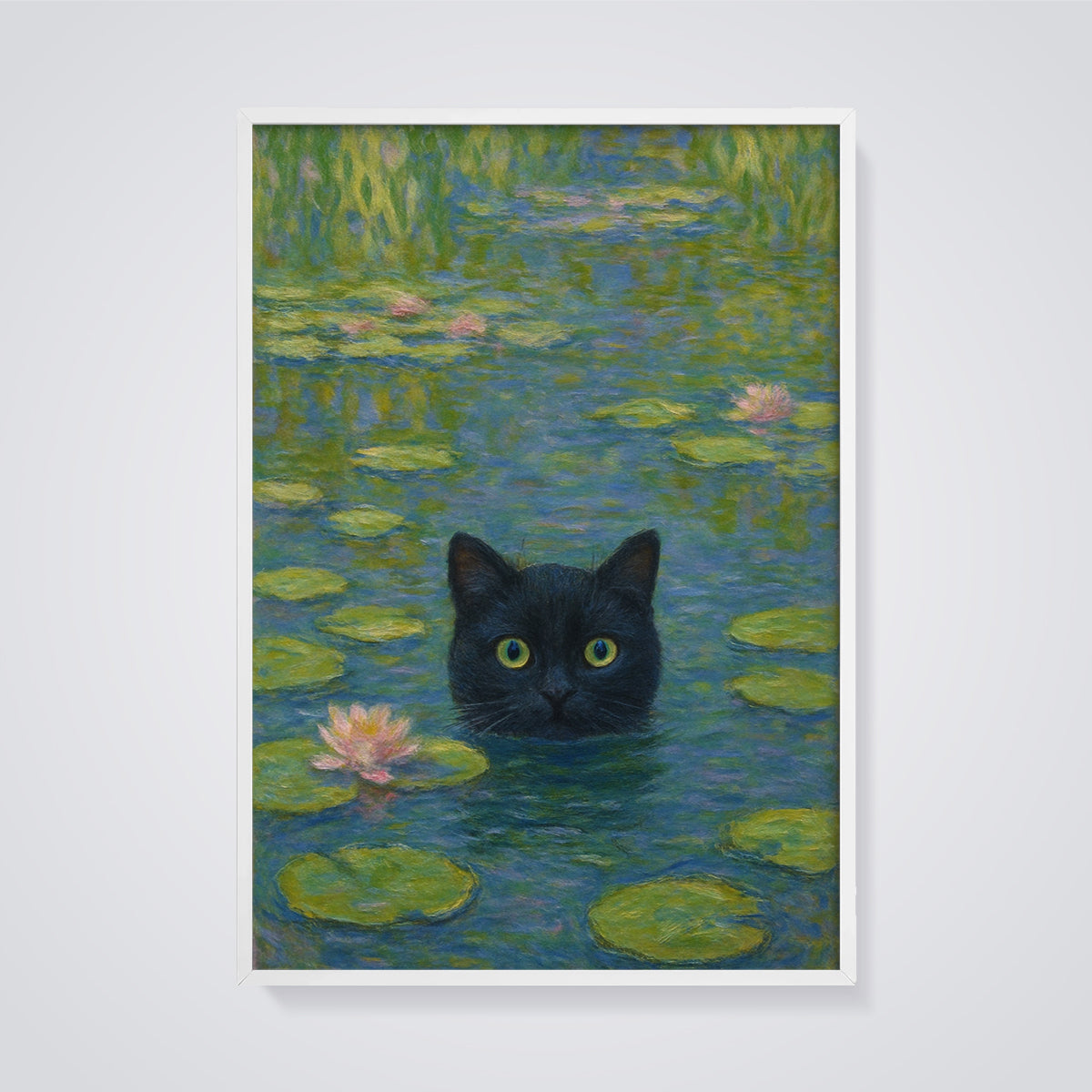 Black Cat Water Lilies Print framed in white on a grey background